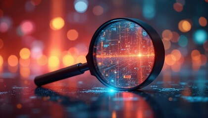Magnifier digital tech city, internet technologies, scientific breakthroughs. Emerging trend towards urbanized technology. Discovering future of science. Abstract colors background exploration,