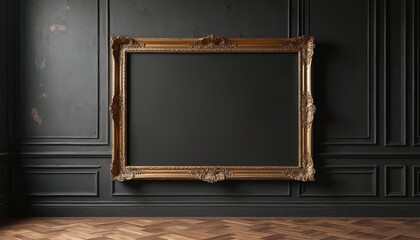 Large empty rectangular painting in gold frame hangs on black wall in room with parquet floor. Design template for presentation, mockup, poster, image, interior, photo gallery. Blank billboard for