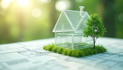 Model of transparent house on blueprints, lawn, with tree eco friendly sustainable housing, architecture. Green building practices, energy efficiency, innovative design, eco-conscious material