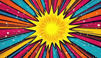Fototapeta premium Bright comic background in pop art style with yellow burst. Cartoon illustration featuring dynamic rays and halftone effects. Creative design template with vibrant colours for modern, fun projects.