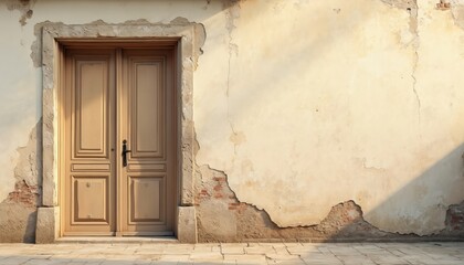 Fototapeta premium Illustration of dilapidated building wall with vintage wooden door, requiring repair. Damaged plaster facade. Retro photophone. Perfect for backgrounds, cards, interior design vintage theme posters.