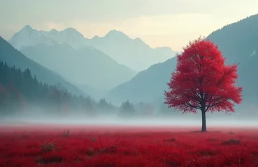 Fototapete Solitary red tree stands in misty field surrounded by mountains. Tranquil, serene scene. Autumn nature landscape with fog, vibrant fall colors. Dramatic, moody sky, cloudscape and horizon. © miss irine