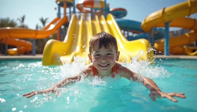 Joyful boy swims in pool at aqua park with yellow water slides at background. Smiling kid swims, splashes with arms. Summer vacation, happy childhood in tropical resort with water amusement. Leisure