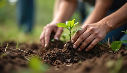 Close up shot of volunteer hands planting young tree. Community Earth Day event in garden. Growing sprout seedling in soil. Farmer gardening sprout. Earth restoration.