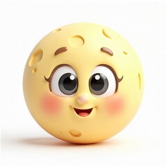Fototapeta premium 3D illustration of cute moon with big eyes, rosy cheeks, smiling mouth. Cartoon lunar character design on white background. Sweet happy baby face with dimples and smile.