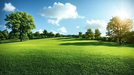Obraz premium Lush green field with vibrant trees under a clear blue sky on a sunny day, perfect nature landscape with peaceful outdoor scenery.