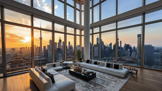 Toronto Skyline Sunset Luxury Penthouse Living Room