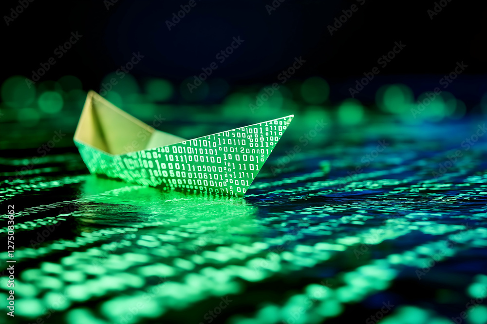 Poster a paper boat floats on a digital surface filled with green binary code, symbolizing technology and i