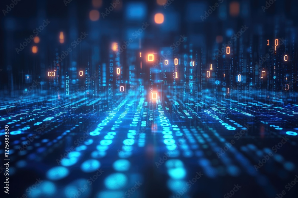 Poster Futuristic digital landscape with glowing blue binary code and data streams, symbolizing cybersecurity, AI, and virtual technology. Ideal for tech, coding, and innovation themes