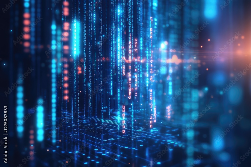 Aufkleber Futuristic digital matrix with glowing blue data streams and binary code, symbolizing cybersecurity, artificial intelligence, and virtual technology. Ideal for tech, coding, and innovation themes