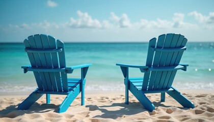 Two blue Adirondack chairs on tropical sea beach. Symbolize retirement planning, financial goals, successful future investment strategy. Representing business concept, relaxation, calm, peaceful,