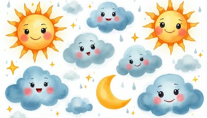 Cute watercolor set with smiling moon, clouds, suns. Weather concept scene features adorable fluffy cloud characters, glowing suns, stars. Childlike design, sky theme. Children illustration for