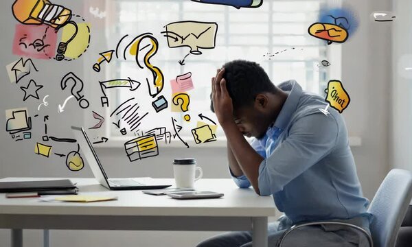 Adult ADHD, A man sits at his cluttered desk, overwhelmed by racing thoughts and distractions, as chaotic symbols swirl around his head, highlighting his struggle to focus.