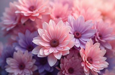 Obraz premium Floral petal background illustration with soft pink, purple dahlia, chrysanthemum flowers. Romantic nature themed wallpaper with abstract feminine design. Beauty of spring garden bloom in macro