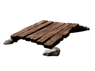 A rustic wooden platform resting on rocks, perfect for outdoor activities and relaxation.