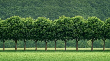 Lush green trees lined in front of dense forest in serene landscape