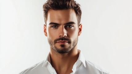 Obraz premium Young adult male with short hair and beard wearing white shirt on light background