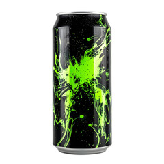 Vibrant Green Splash on Sleek Black Energy Drink Can with Dynamic Motion and Flair