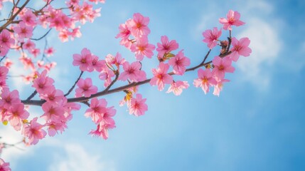 Fototapeta premium Vibrant pink cherry blossoms on a clear spring sky
