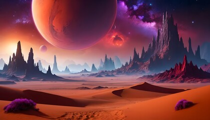 Alien Desert Landscape with Nebula and Planets
