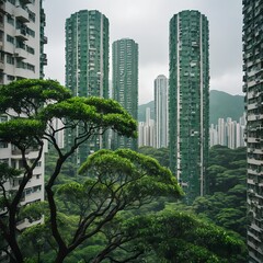Obraz premium Urban Jungle High-Rise Buildings Amidst Lush Greenery