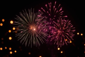 Obraz premium Night sky with colorful fireworks and golden bokeh lights