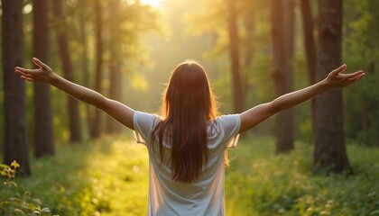 Woman with open arms breathes clean air in forest, back view. Celebrating happiness, wellness, enjoy sunlight. Raised arms, carefree mood, relax freedom outdoors, good health, beautiful nature.