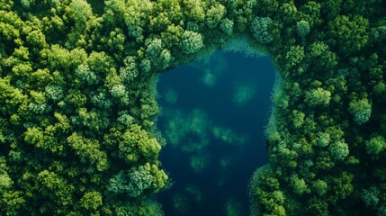 Aerial view of lush green forest surrounding a tranquil blue lake