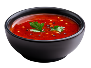 Delicious bowl of red soup garnished with fresh herbs and spices, perfect for any meal.