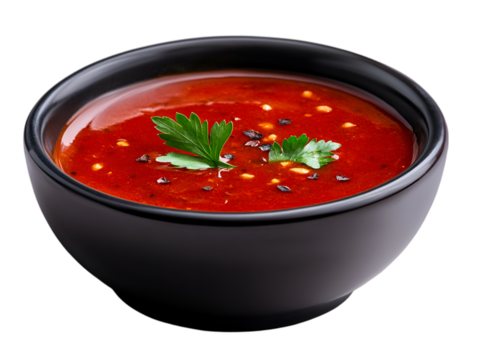 Delicious bowl of red soup garnished with fresh herbs and spices, perfect for any meal.