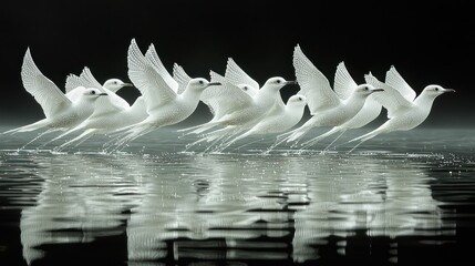 Obraz premium Symphony of seagulls, A choreographed dance of flight over reflective waters