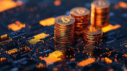 Bitcoin coins on a digital circuit board, symbolizing modern finance.
