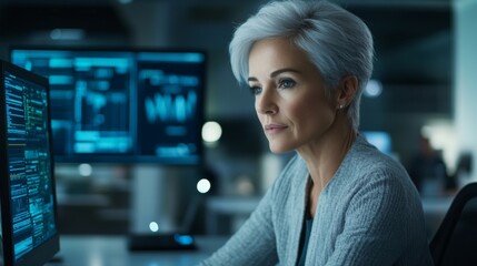 Mature female professional analyzing data on computer screens in office environment