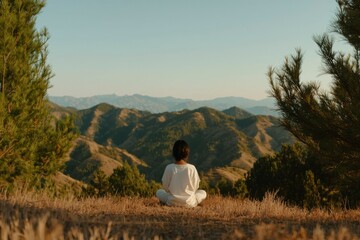 Naklejka premium Serene woman meditates on hill overlooking mountains at sunset. For lifestyle use