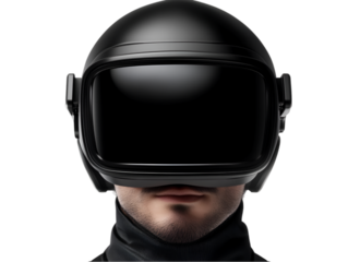 Futuristic individual wearing a sleek black virtual reality helmet, showcasing immersion.