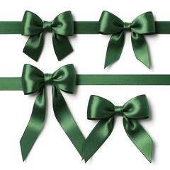 Green Satin Ribbon Bows on White Background