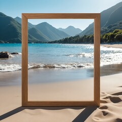 Wooden Frame on Sandy Beach with Ocean and Mountain View