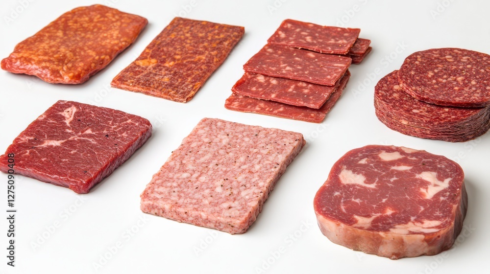 Poster various cuts of raw beef displayed on a white surface, showcasing texture and color differences