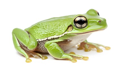 Obraz premium A vibrant green tree frog sits on a white background