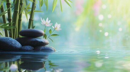 Naklejka premium Serene zen garden with water lily and bamboo rocks in tranquil morning light