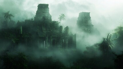 Obraz premium ancient ruins hidden in a misty jungle