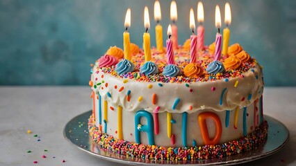 A sweet birthday cake with colorful candles and sprinkles for a happy celebration