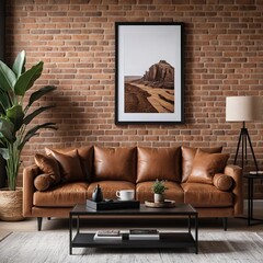 Modern Living Room Interior with Brown Leather Sofa and Desert Landscape Artwork