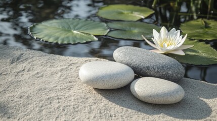 Fototapeta premium Zen garden with smooth stones and water lily on calm pond surface