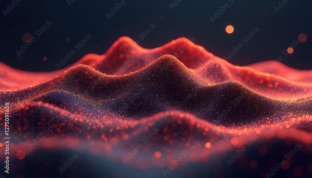 Aufkleber Computer generated mountains landscape with red and blue color scheme. Abstract wavy terrain surface with light flares. Futuristic wireframe grid background for tech, IT, design, business projects.