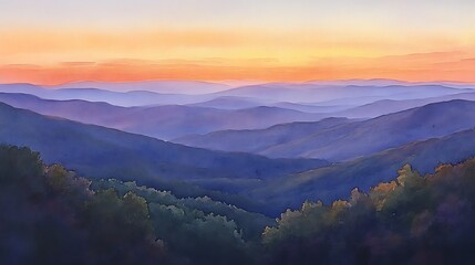 Appalachian Mountains Sunset Vista, Tranquil Landscape, Scenic View, Impressionistic Artwork