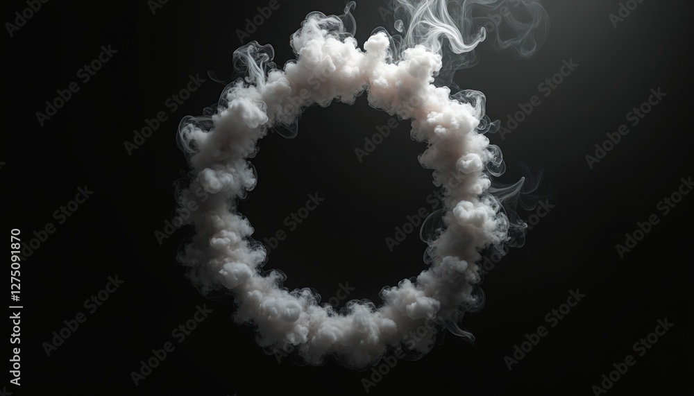 Poster smoke forms circle shape isolated on black backdrop. gray mist effect. abstract round fume design el