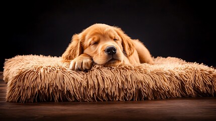 Adorable golden retriever puppy peacefully sleeping on a cozy, fluffy pet bed in a serene setting