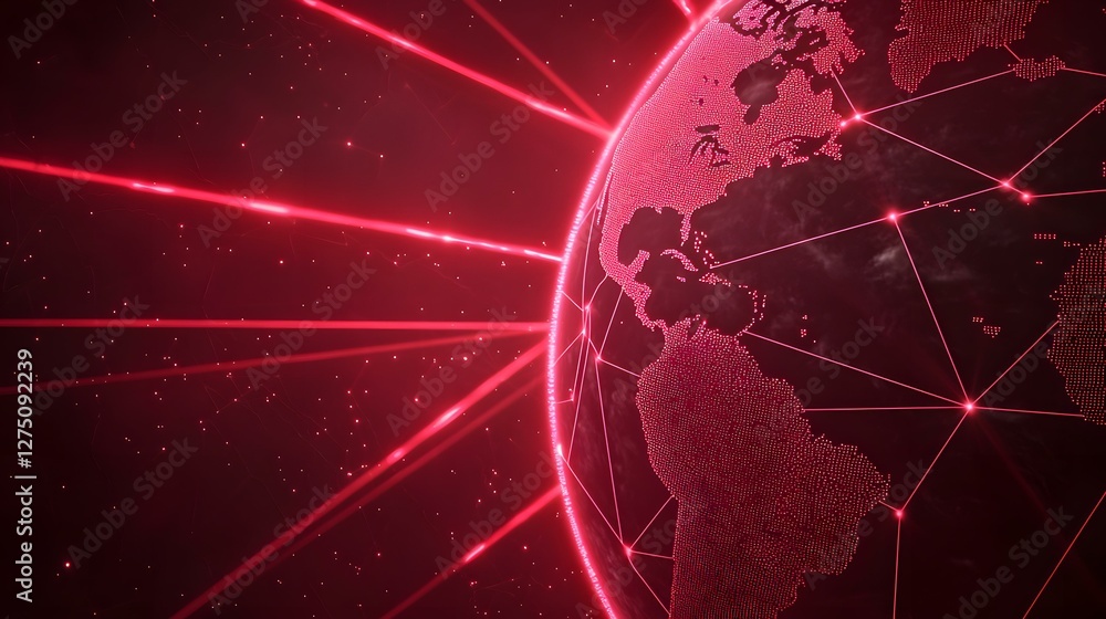 Poster a stylized digital rendering of the earth, depicted as a network of interconnected points in vibrant