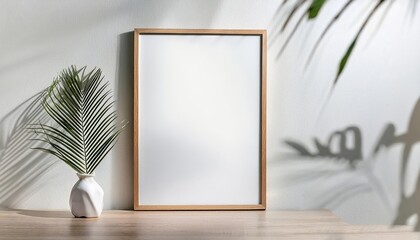 Stunning Wooden Frame Mockup with Passerelle on White Wall Showcasing Palm Leaves against a Warmtoned Backdrop, Perfect for Digital Art, Home Decor or Design Inspiration